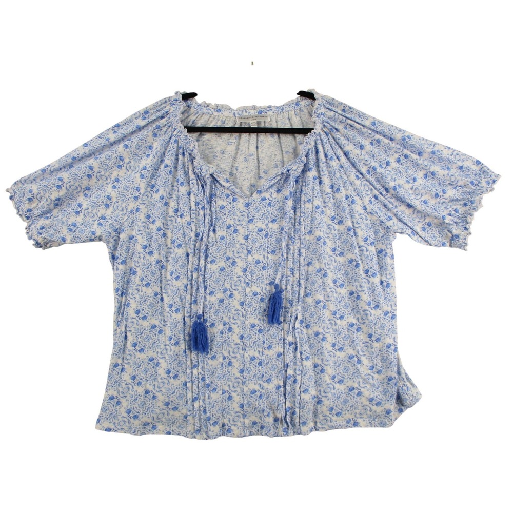 Chelsea & Theodore Woman 3X Blue Floral Cotton Tassel Peasant Blouse Top Pintuck